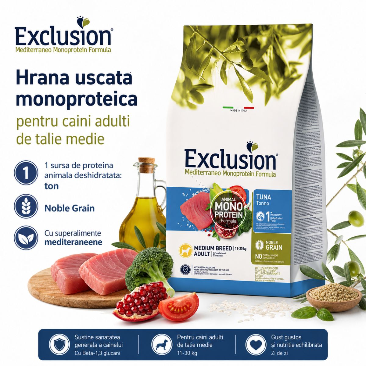 EXCLUSION Mediterraneo Monoprotein Formula Medium Breed, M, Ton, hrană uscată monoproteică câini, 12kg - imagine 3